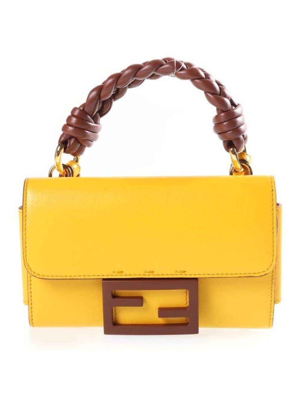 Fendi Baguette Phone Pouch Mini Handbag Yellow Brown Leather Gold